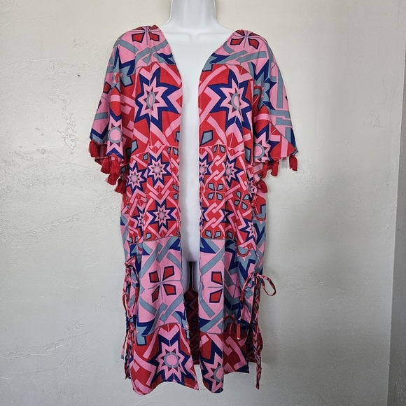 Vero Moda Women's Small Kimono Pink Red Blue Geometric Pattern Print Tassel Top - Picture 1 of 9